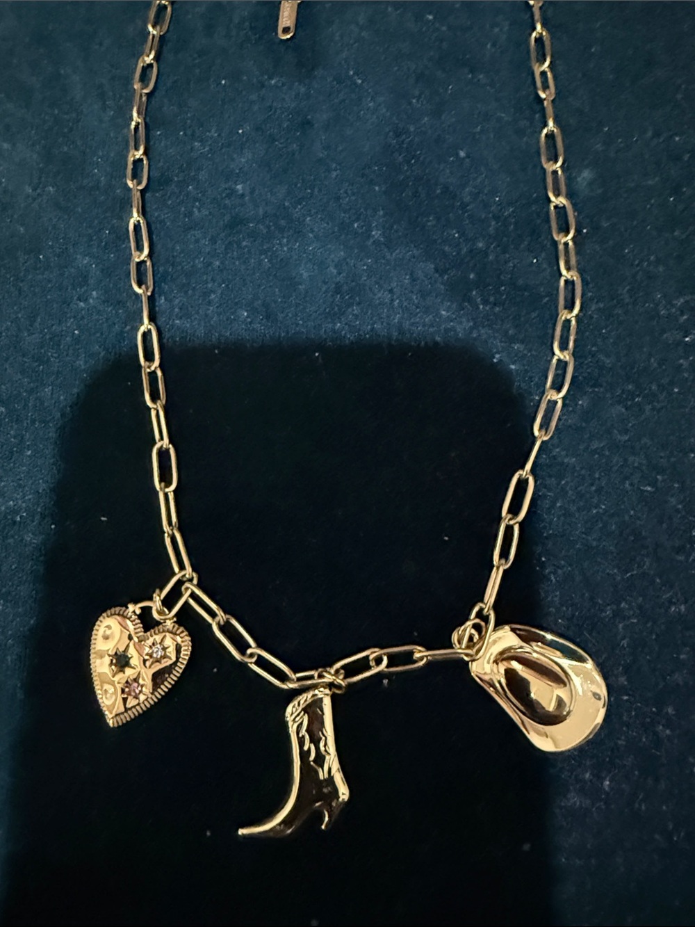 Cowgirl Theme Gold Charm Necklace with Heart, Boot & Hat Pendants 18" + ext